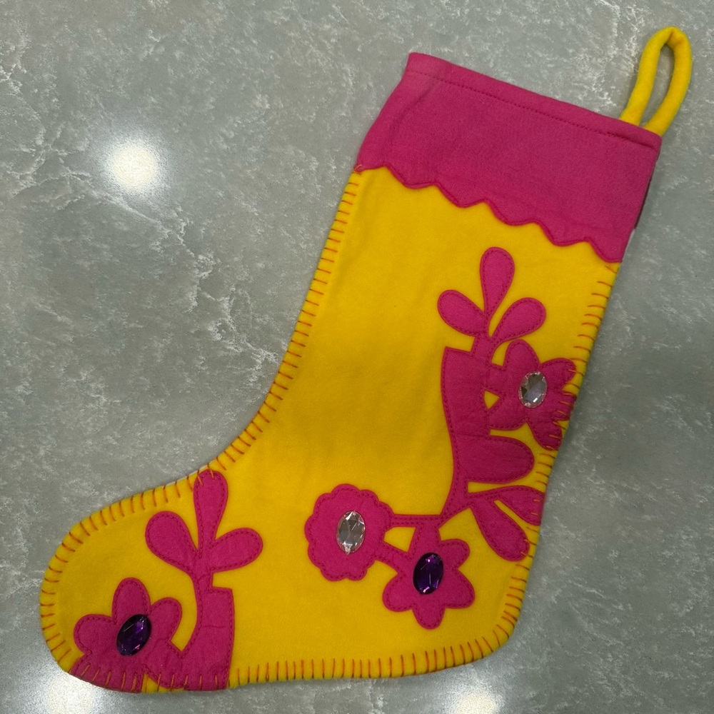 Old Navy Pink and Yellow Hobo Felt Appliqué Stocking with Jewels NWOT